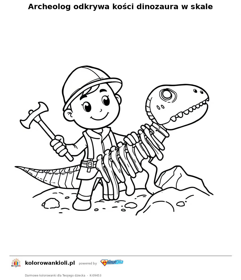 Archeolog odkrywa kości dinozaura w skale — kolorowanka do wydruku dla dzieci