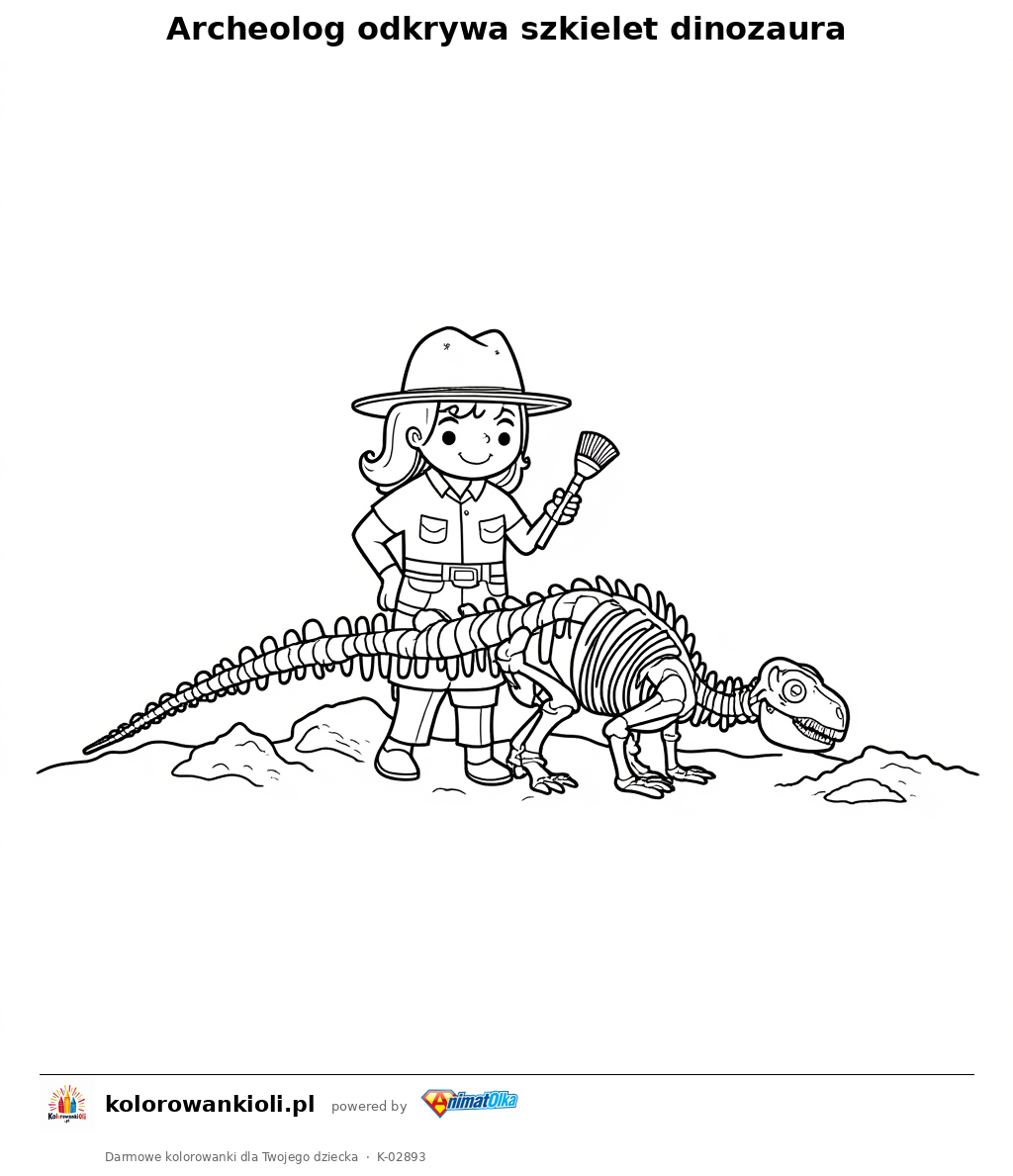 Archeolog odkrywa szkielet dinozaura — kolorowanka do wydruku dla dzieci
