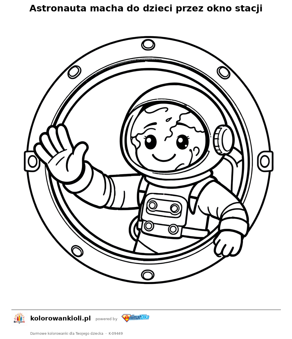 Astronauta macha do dzieci przez okno stacji — kolorowanka do wydruku dla dzieci
