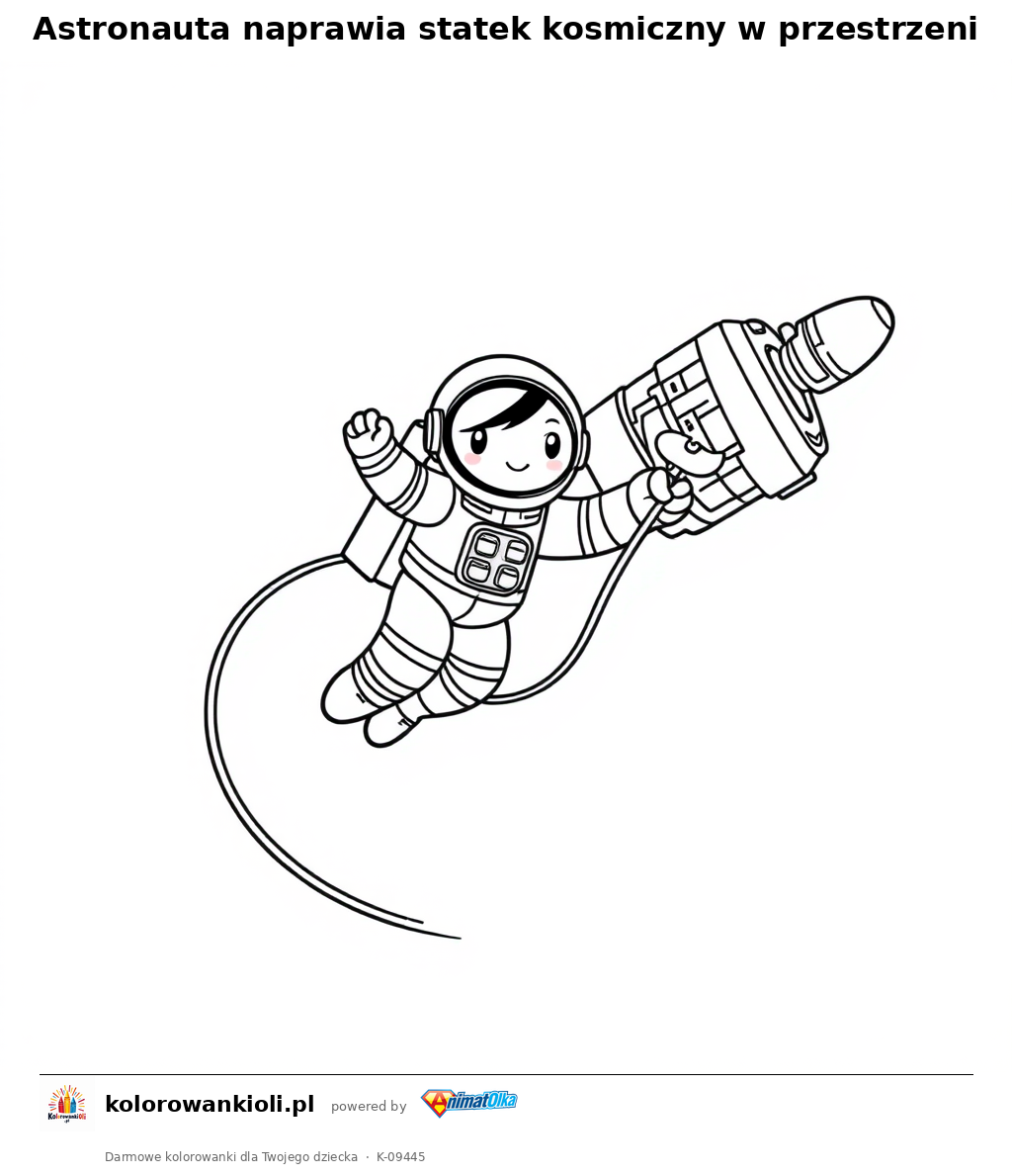 Astronauta naprawia statek kosmiczny w przestrzeni — kolorowanka do wydruku dla dzieci