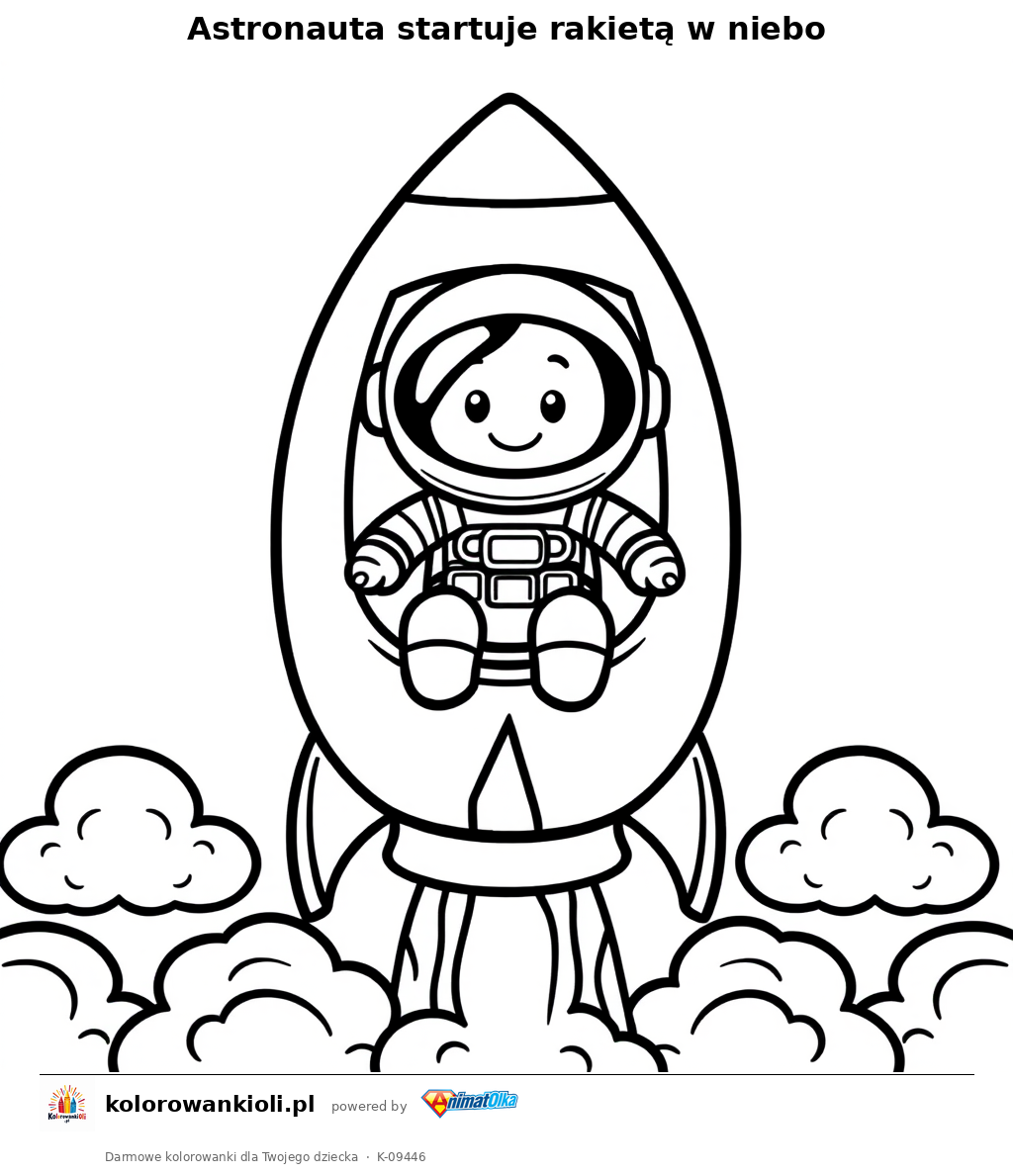 Astronauta startuje rakietą w niebo — kolorowanka do wydruku dla dzieci
