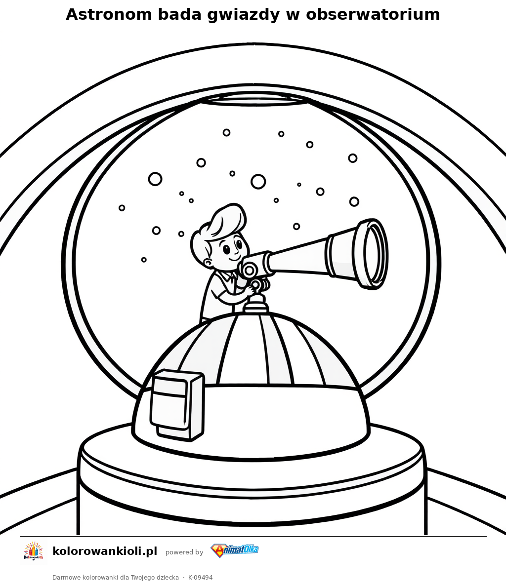 Astronom bada gwiazdy w obserwatorium — kolorowanka do wydruku dla dzieci