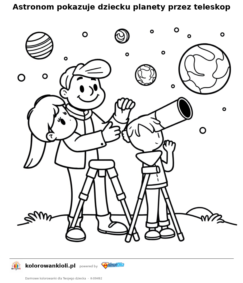 Astronom pokazuje dziecku planety przez teleskop — kolorowanka do wydruku dla dzieci
