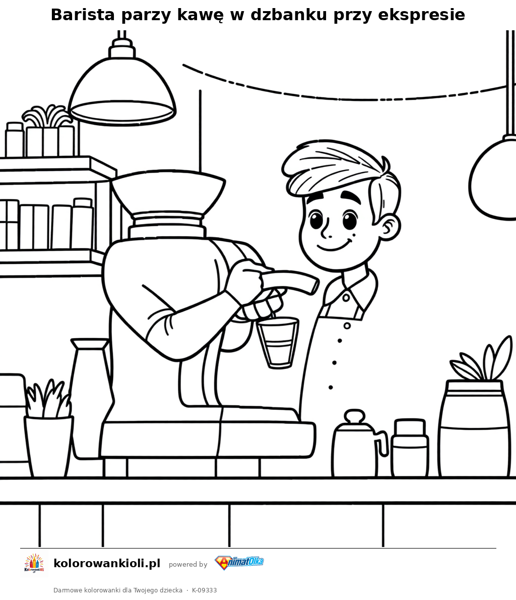 Barista parzy kawe w dzbanku przy ekspresie — kolorowanka do wydruku dla dzieci