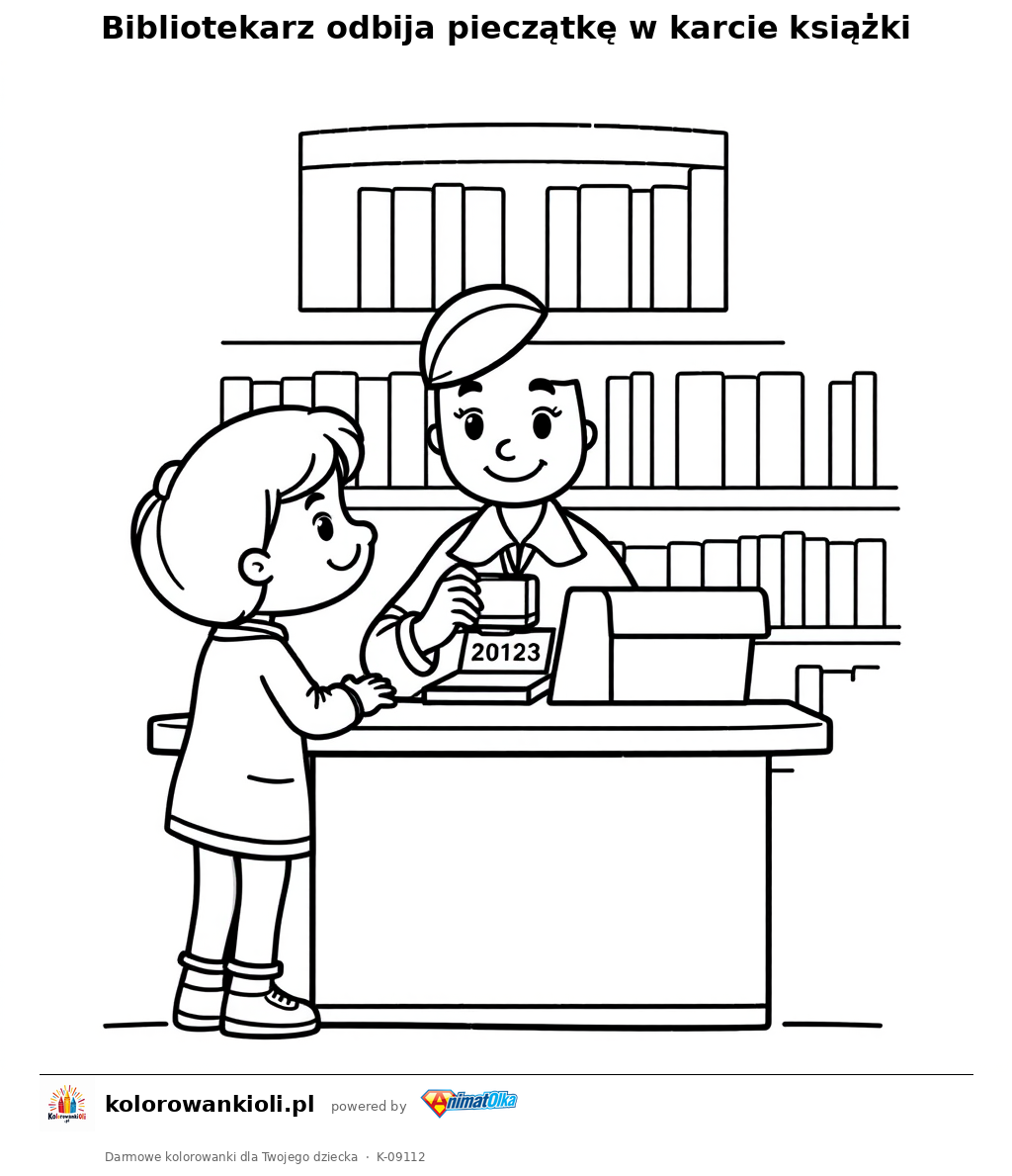 Bibliotekarz odbija pieczątkę w karcie książki — kolorowanka do wydruku dla dzieci