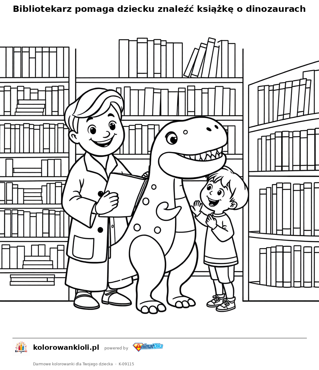 Bibliotekarz pomaga dziecku znaleźć książkę o dinozaurach — kolorowanka do wydruku dla dzieci