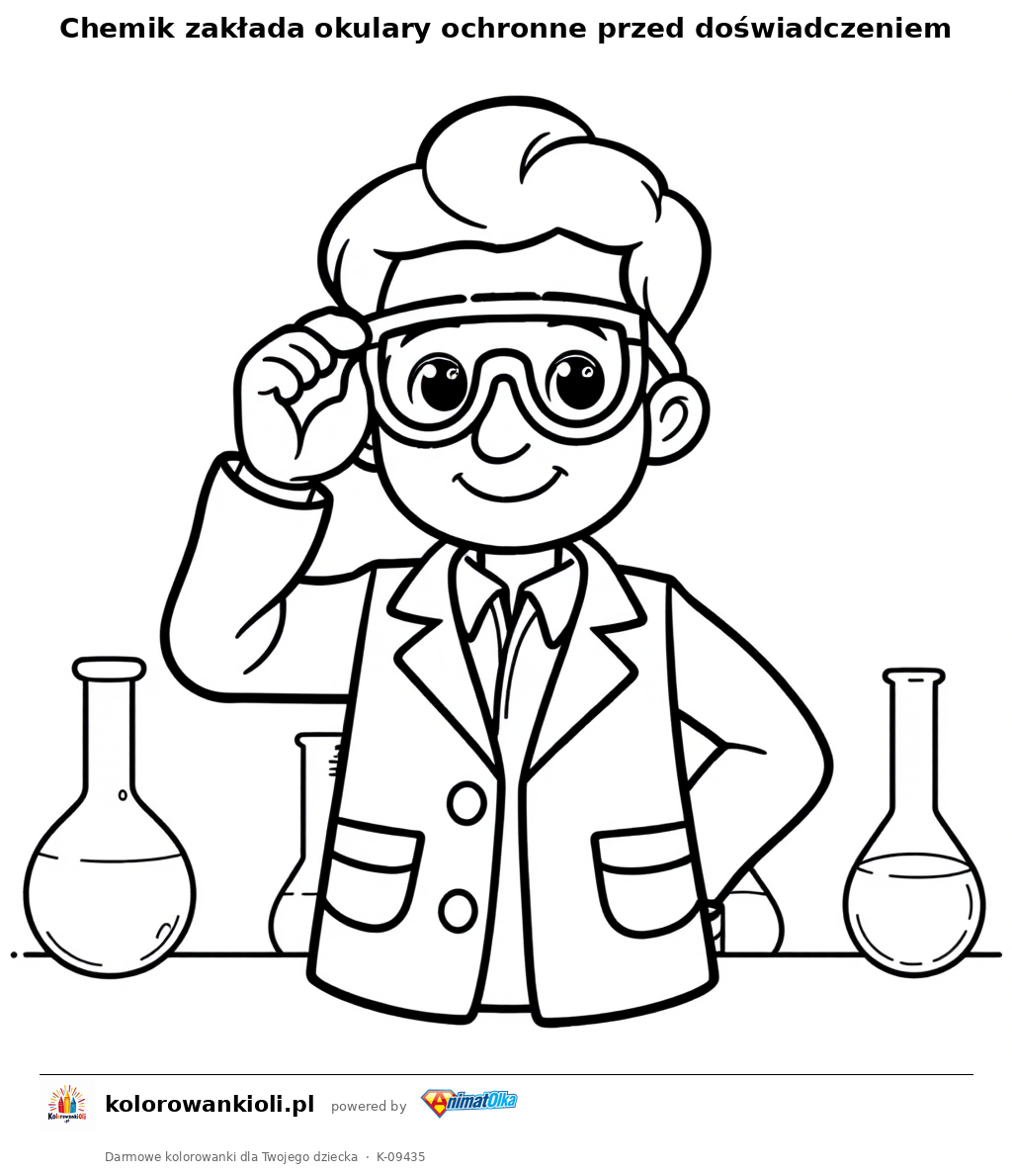 Chemik zakłada okulary ochronne przed doświadczeniem — kolorowanka do wydruku dla dzieci