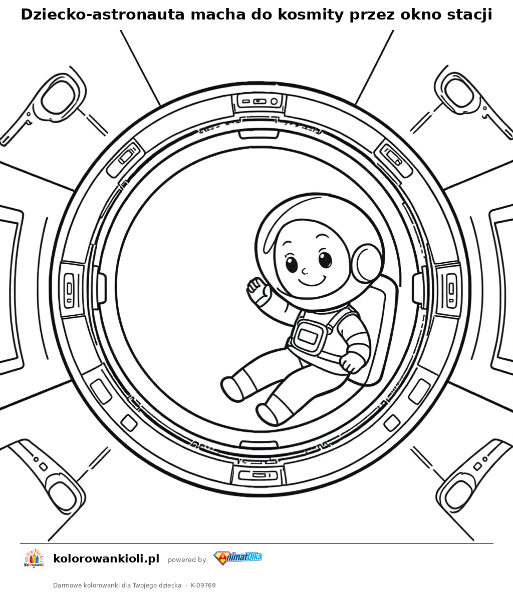 Dziecko-astronauta macha do kosmity przez okno stacji — kolorowanka do wydruku dla dzieci