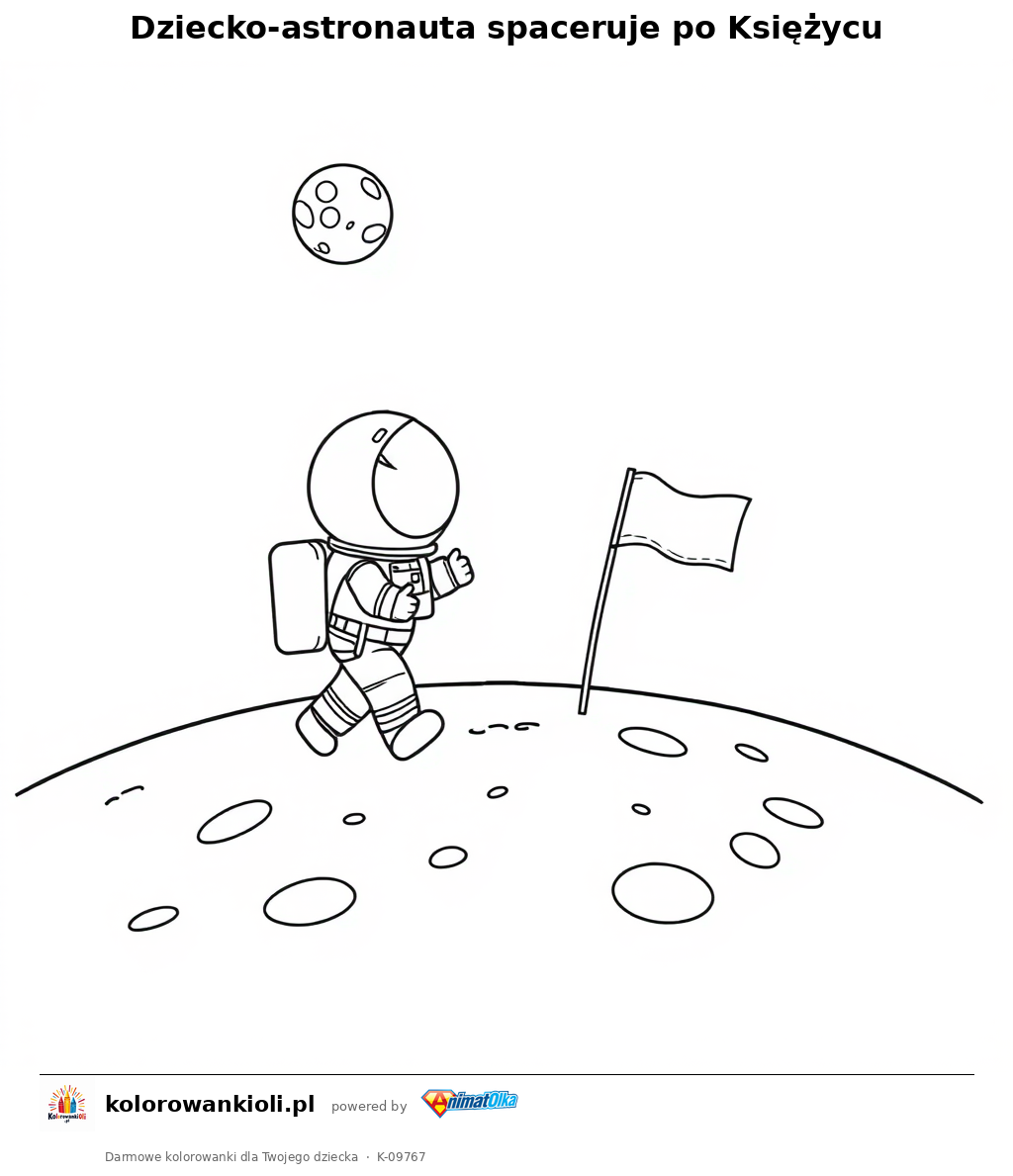 Dziecko-astronauta spaceruje po Ksiezycu — kolorowanka do wydruku dla dzieci