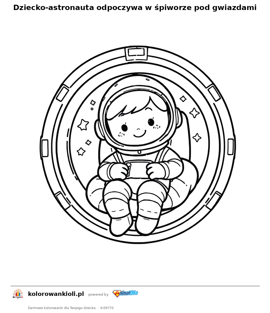 Dziecko-astronauta odpoczywa w spiworze pod gwiazdami — kolorowanka do wydruku dla dzieci
