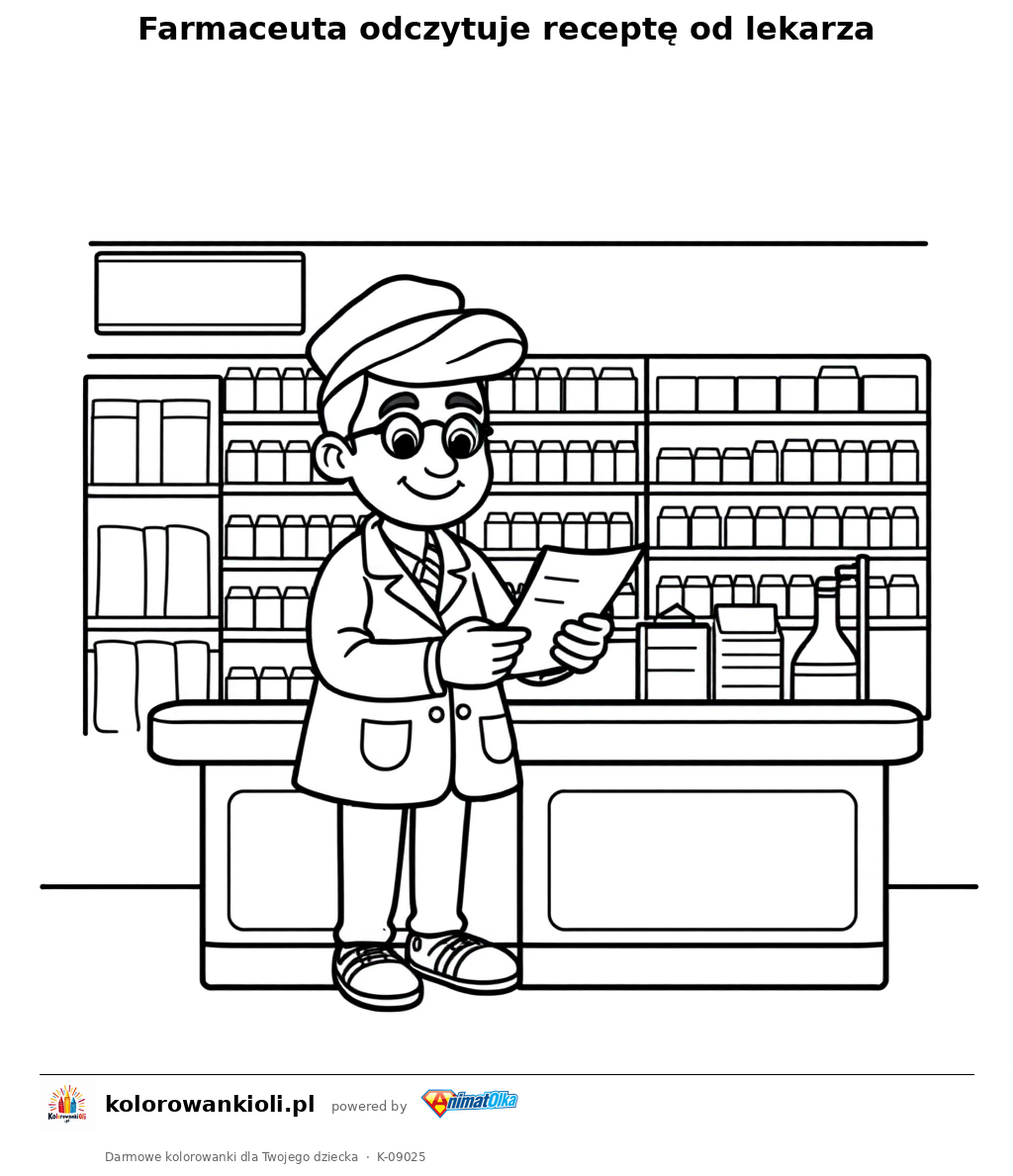 Farmaceuta odczytuje receptę od lekarza — kolorowanka do wydruku dla dzieci