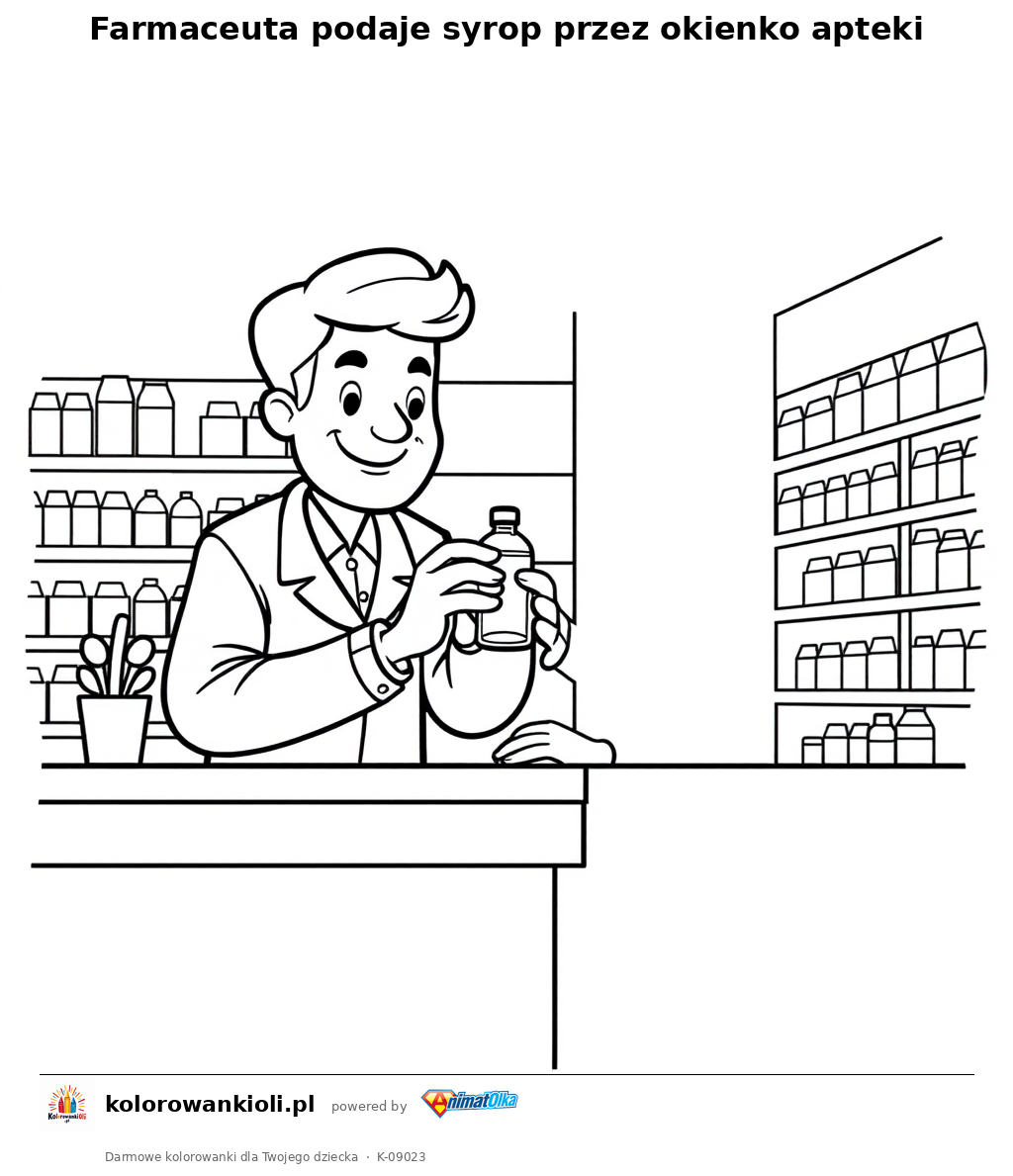 Farmaceuta podaje syrop przez okienko apteki — kolorowanka do wydruku dla dzieci