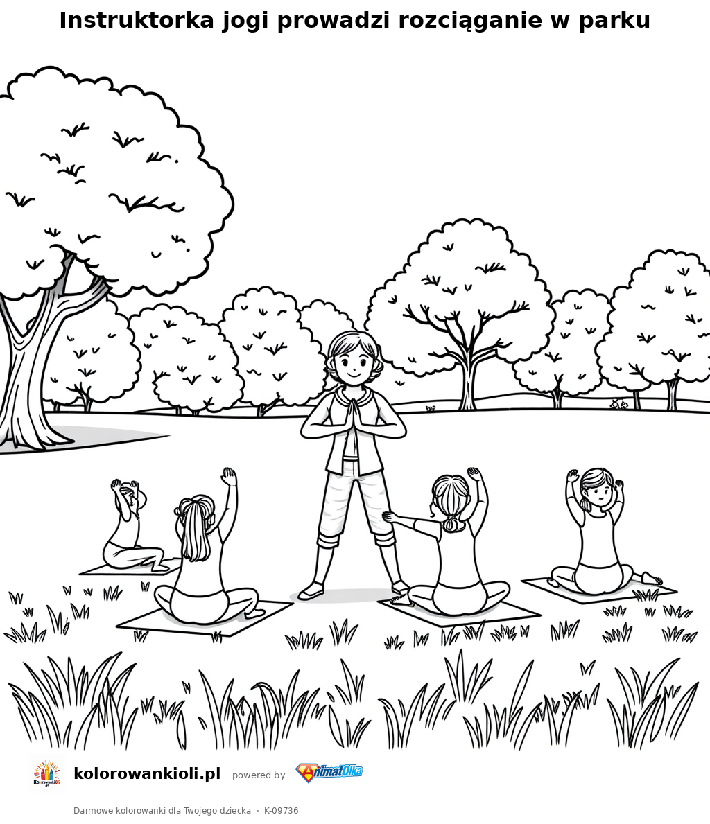 Instruktorka jogi prowadzi rozciąganie w parku — kolorowanka do wydruku dla dzieci