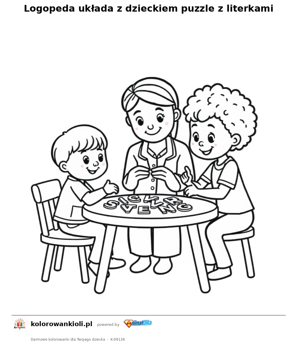 Logopeda uklada z dzieckiem puzzle z literkami — kolorowanka do wydruku dla dzieci