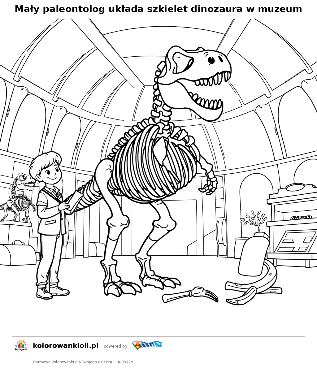 Maly paleontolog uklada szkielet dinozaura w muzeum — kolorowanka do wydruku dla dzieci