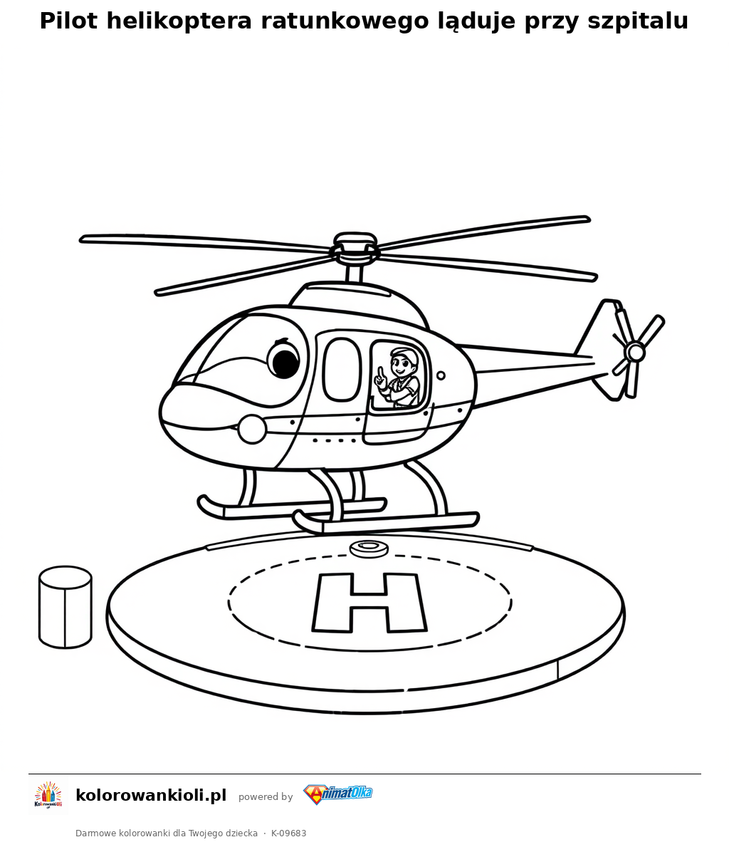 Pilot helikoptera ratunkowego ląduje przy szpitalu — kolorowanka do wydruku dla dzieci