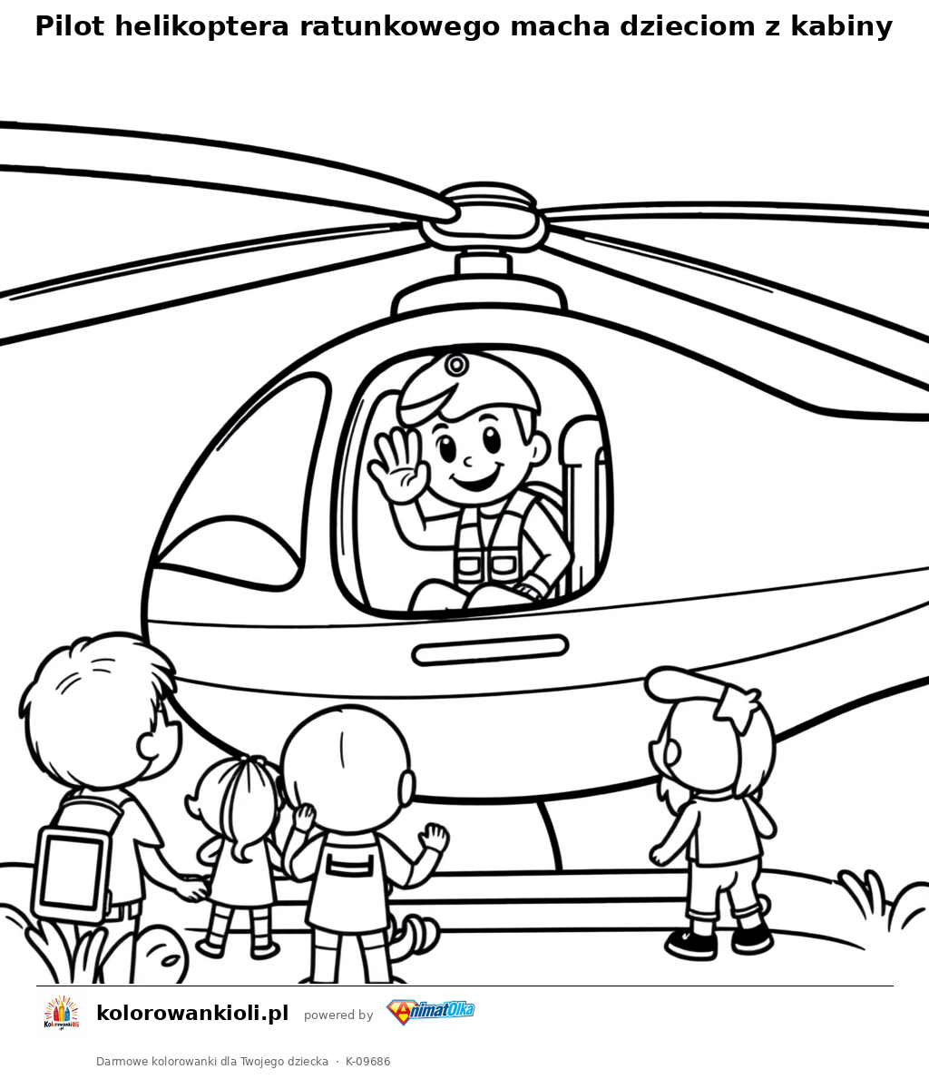 Pilot helikoptera ratunkowego macha dzieciom z kabiny — kolorowanka do wydruku dla dzieci