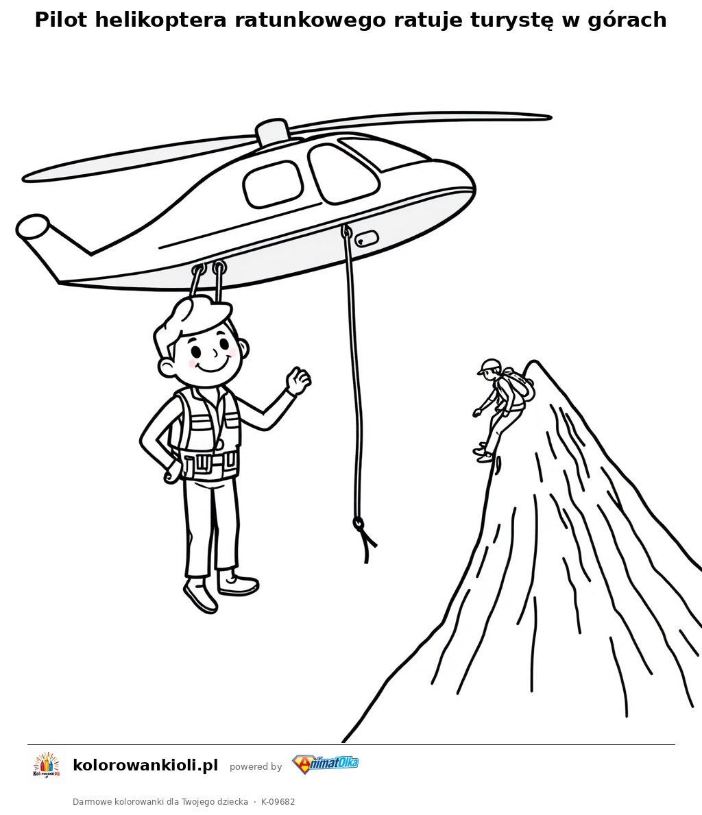 Pilot helikoptera ratunkowego ratuje turystę w górach — kolorowanka do wydruku dla dzieci