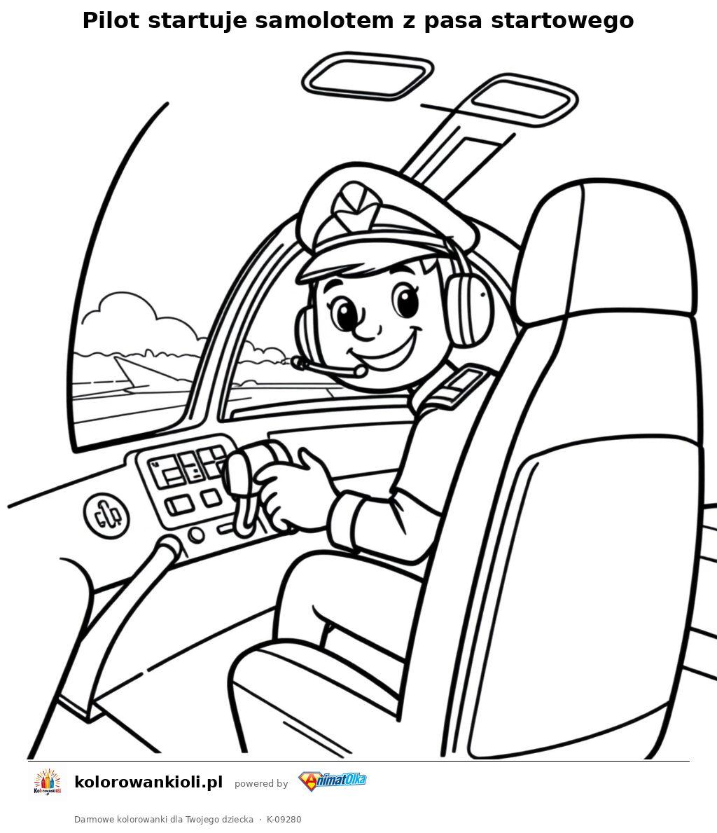 Pilot startuje samolotem z pasa startowego — kolorowanka do wydruku dla dzieci