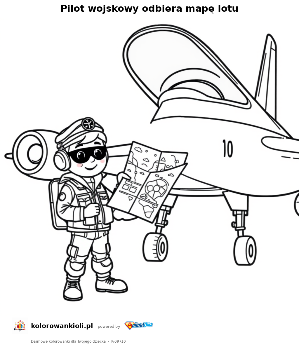 Pilot wojskowy odbiera mapę lotu — kolorowanka do wydruku dla dzieci