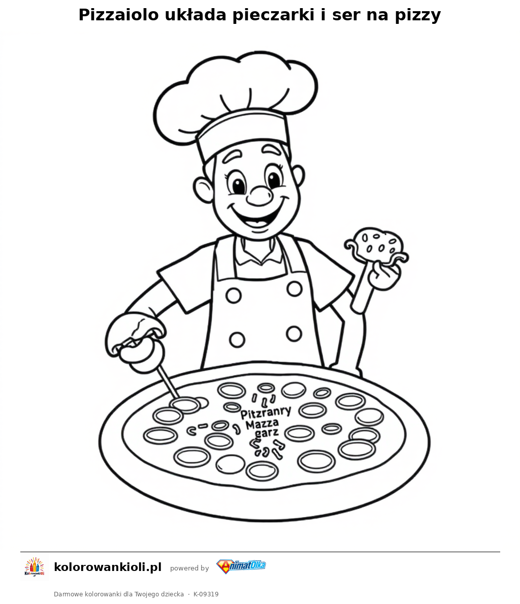 Pizzaiolo układa pieczarki i ser na pizzy — kolorowanka do wydruku dla dzieci