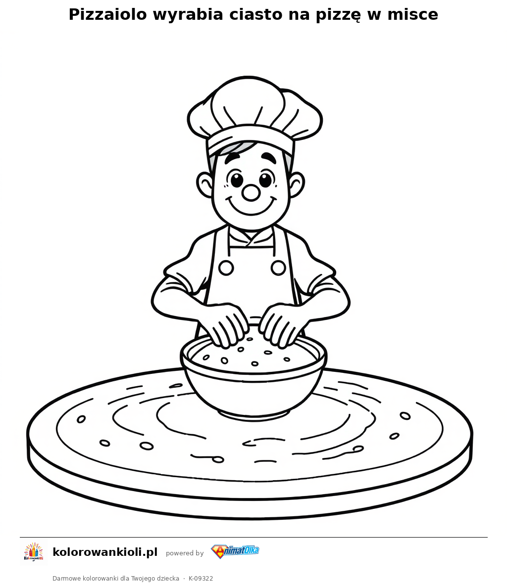 Pizzaiolo wyrabia ciasto na pizzę w misce — kolorowanka do wydruku dla dzieci