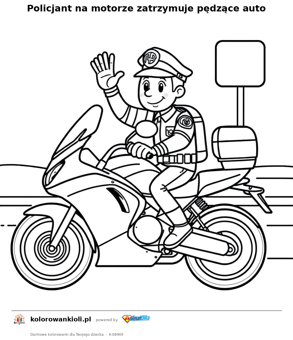 Policjant na motorze zatrzymuje pędzące auto — kolorowanka do wydruku dla dzieci