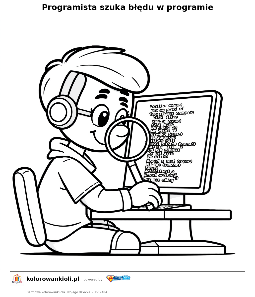 Programista szuka błędu w programie — kolorowanka do wydruku dla dzieci