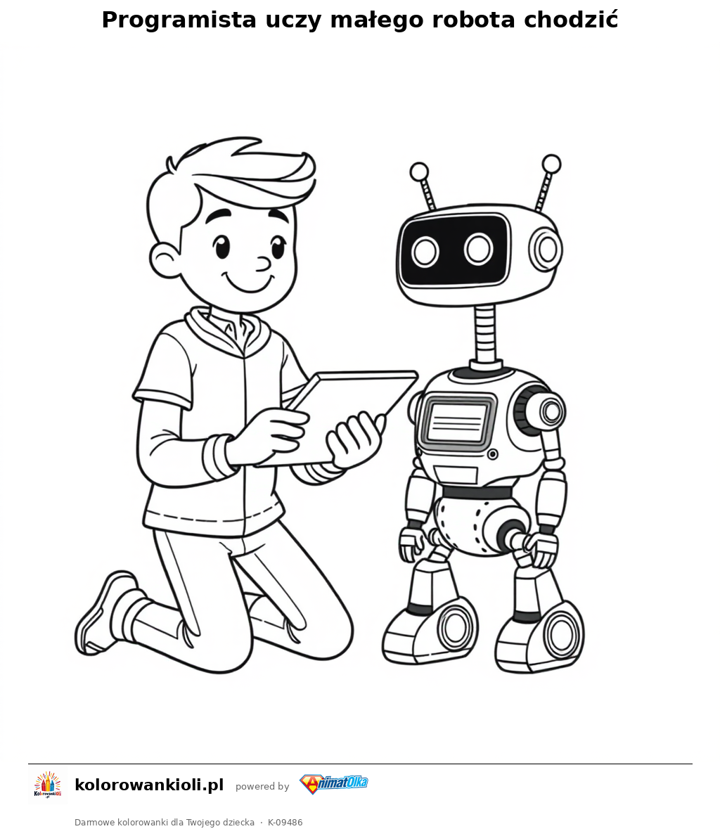 Programista uczy małego robota chodzić — kolorowanka do wydruku dla dzieci