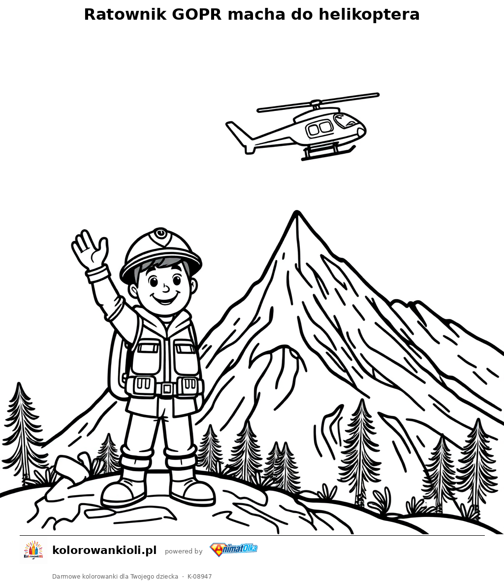 Ratownik GOPR macha do helikoptera — kolorowanka do wydruku dla dzieci