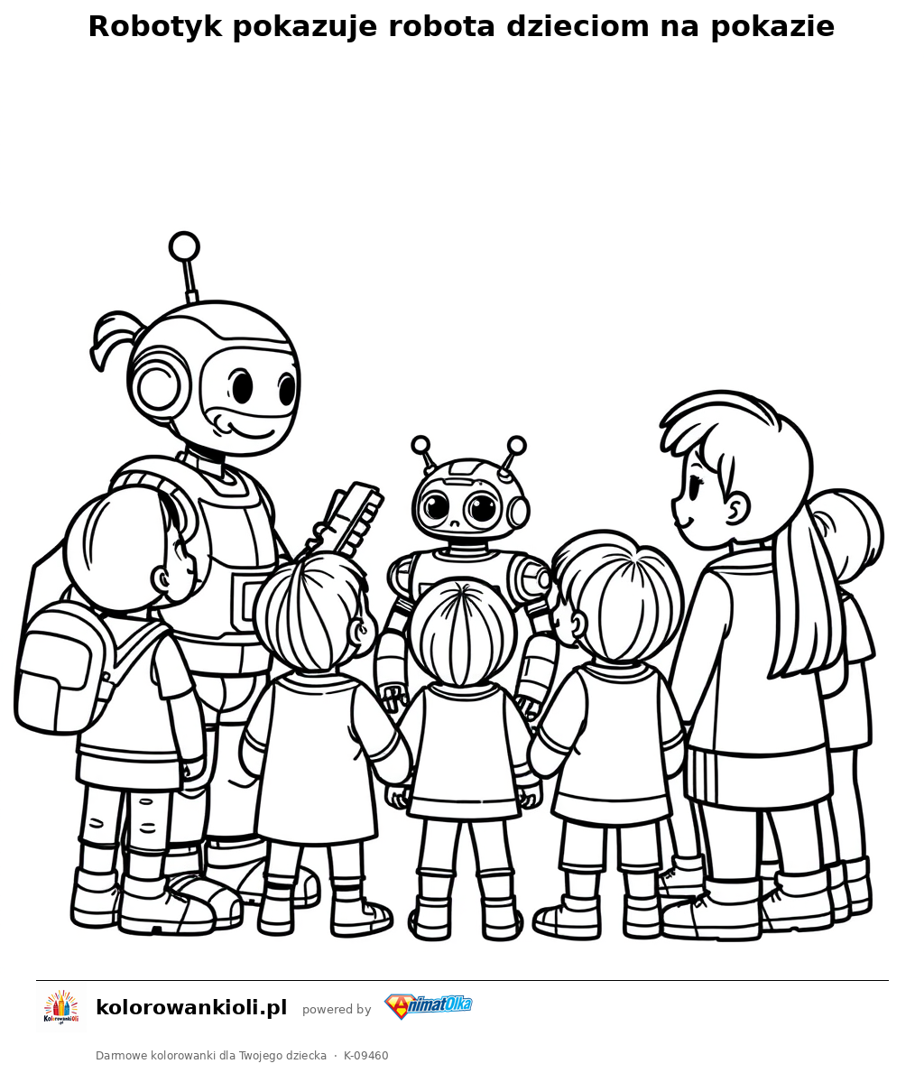 Robotyk pokazuje robota dzieciom na pokazie — kolorowanka do wydruku dla dzieci