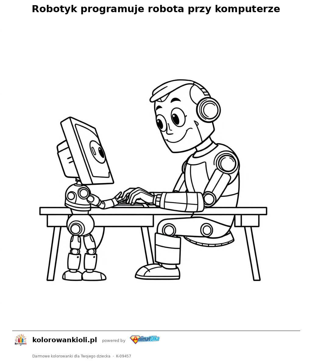 Robotyk programuje robota przy komputerze — kolorowanka do wydruku dla dzieci