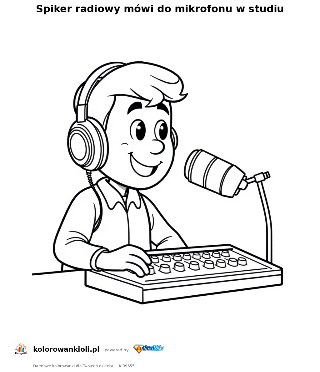Spiker radiowy mówi do mikrofonu w studiu — kolorowanka do wydruku dla dzieci