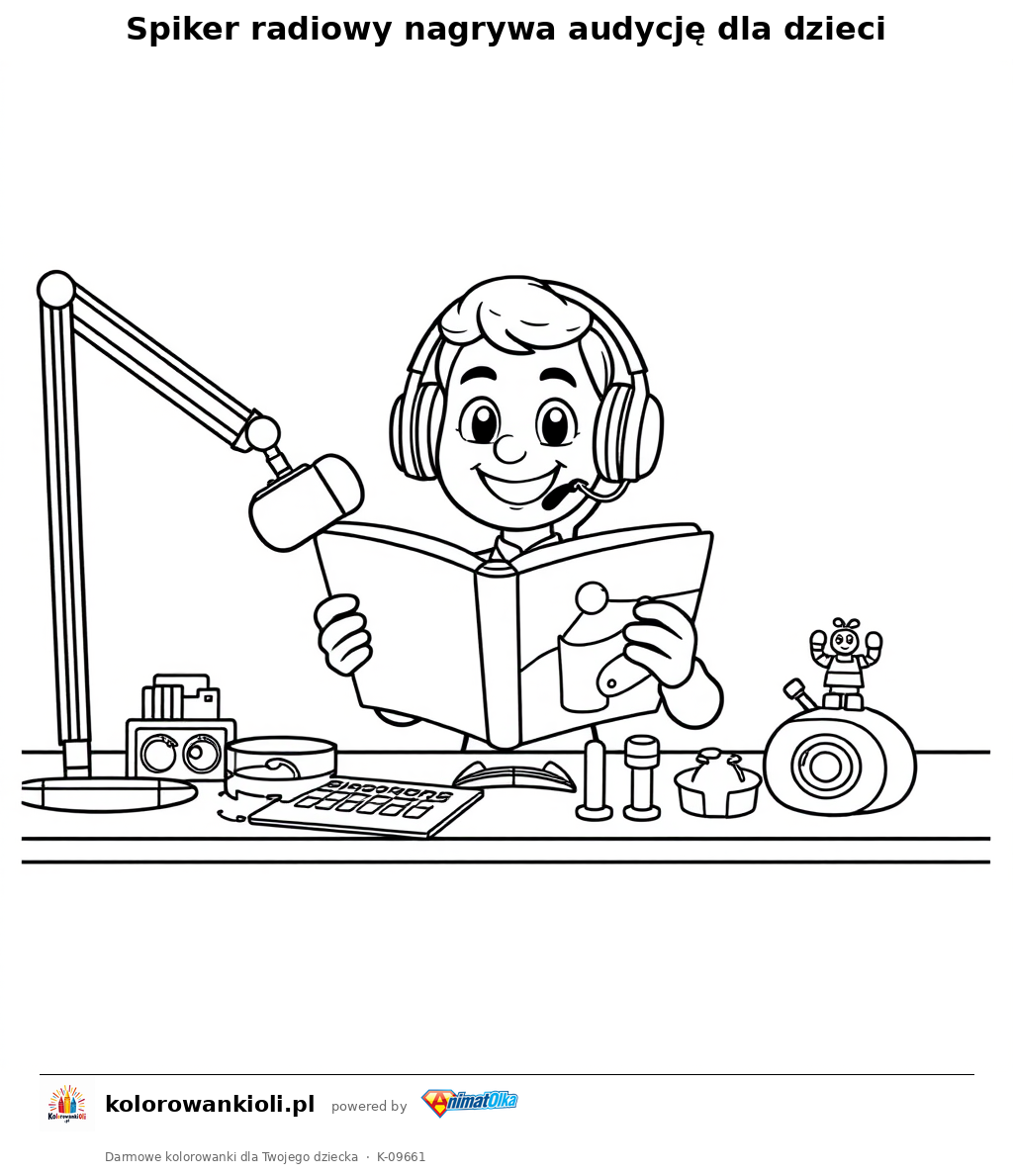 Spiker radiowy nagrywa audycję dla dzieci — kolorowanka do wydruku dla dzieci