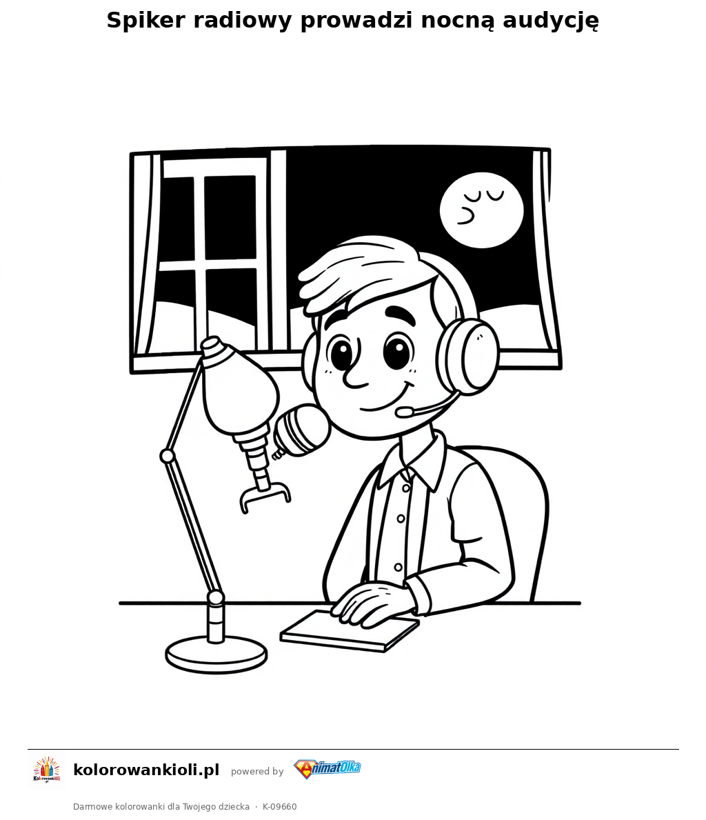 Spiker radiowy prowadzi nocną audycję — kolorowanka do wydruku dla dzieci