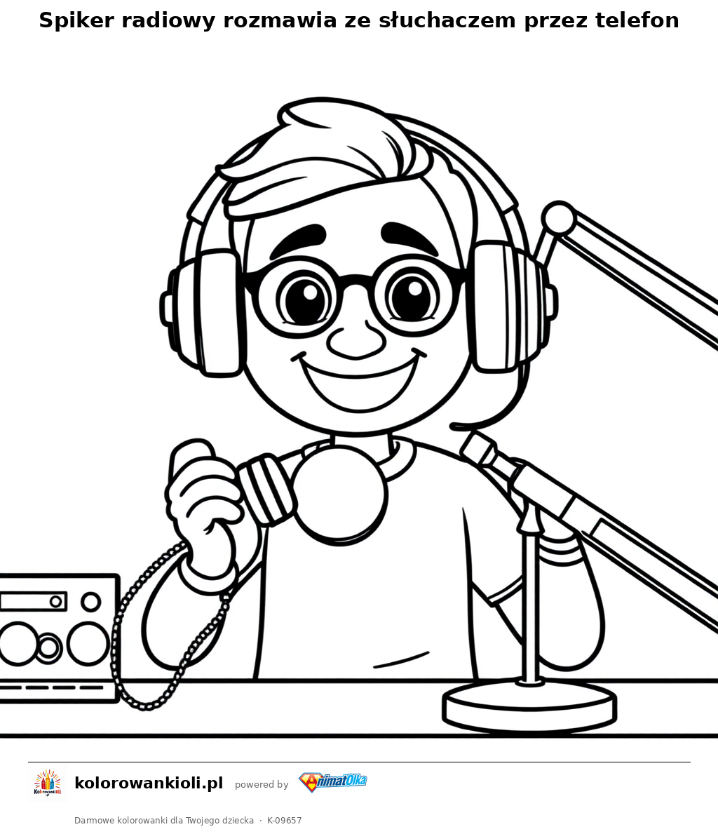 Spiker radiowy rozmawia ze słuchaczem przez telefon — kolorowanka do wydruku dla dzieci