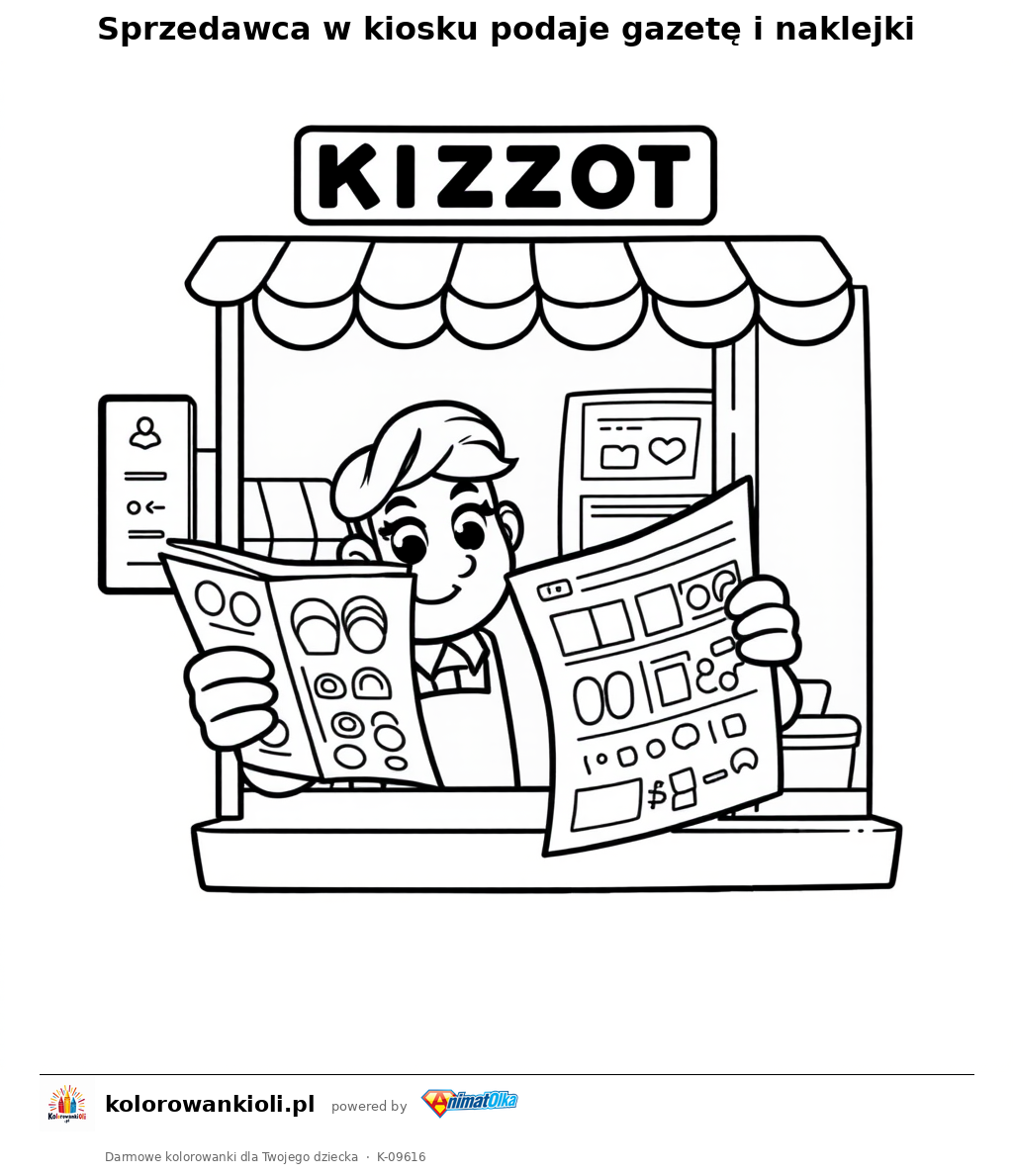 Sprzedawca w kiosku podaje gazetę i naklejki — kolorowanka do wydruku dla dzieci