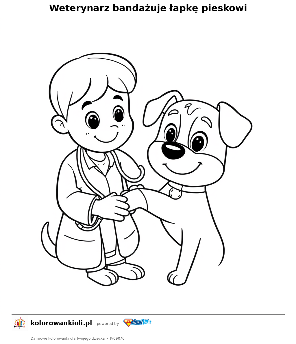 Weterynarz bandażuje łapkę pieskowi — kolorowanka do wydruku dla dzieci