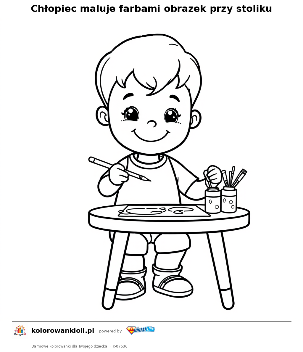Chłopiec maluje farbami obrazek przy stoliku — kolorowanka do wydruku dla dzieci