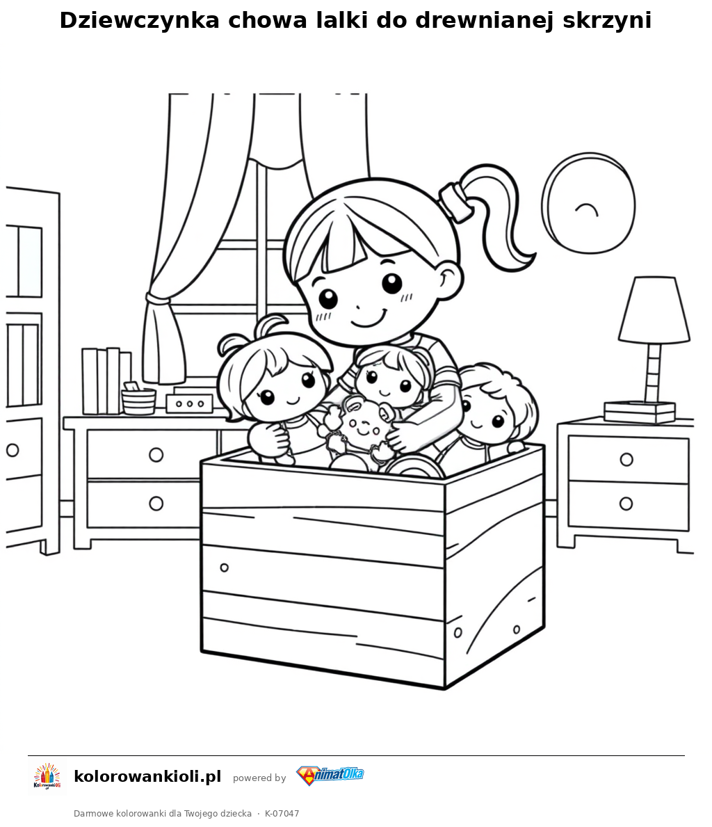 Dziewczynka chowa lalki do drewnianej skrzyni — kolorowanka do wydruku dla dzieci
