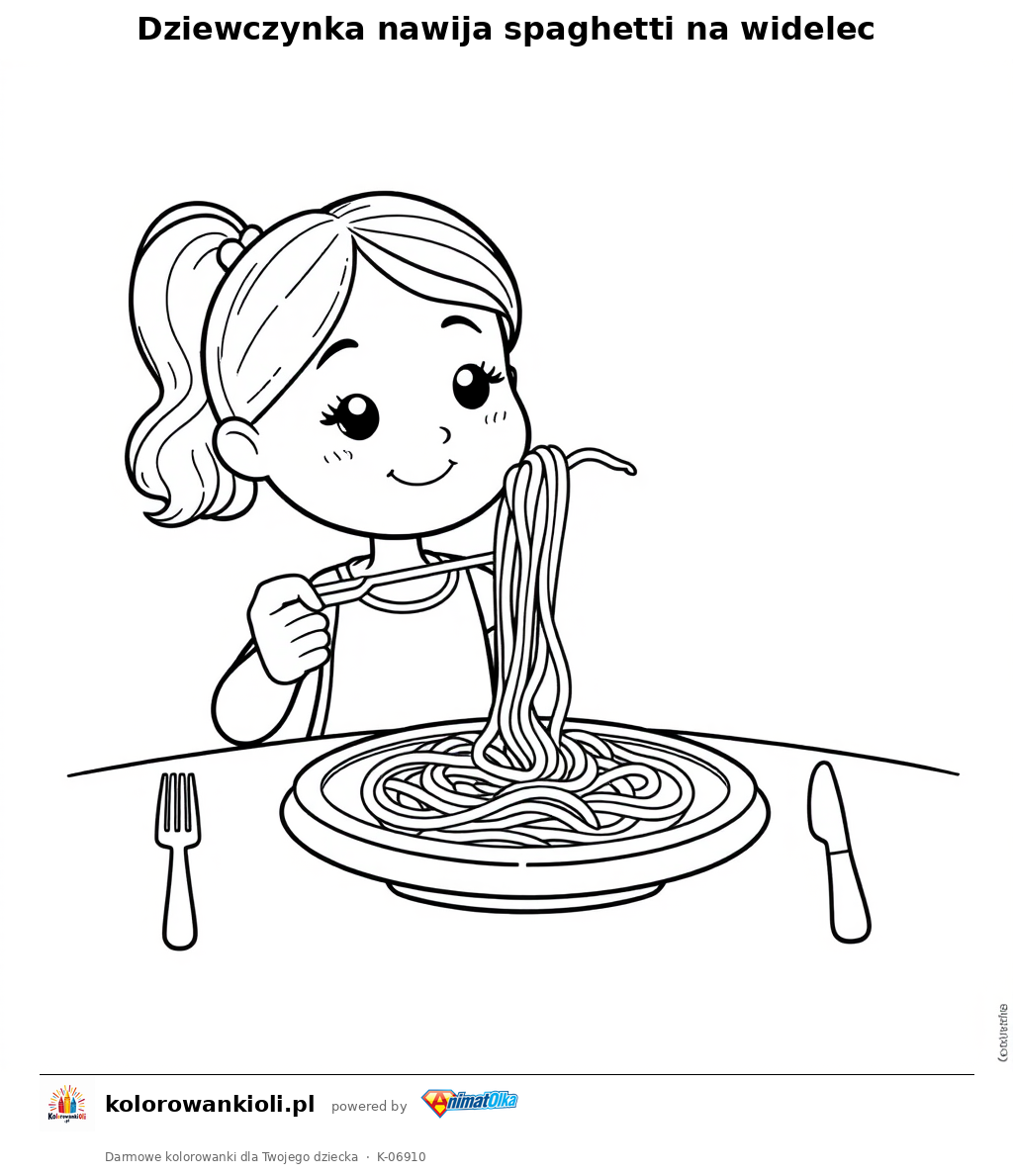 Dziewczynka nawija spaghetti na widelec — kolorowanka do wydruku dla dzieci