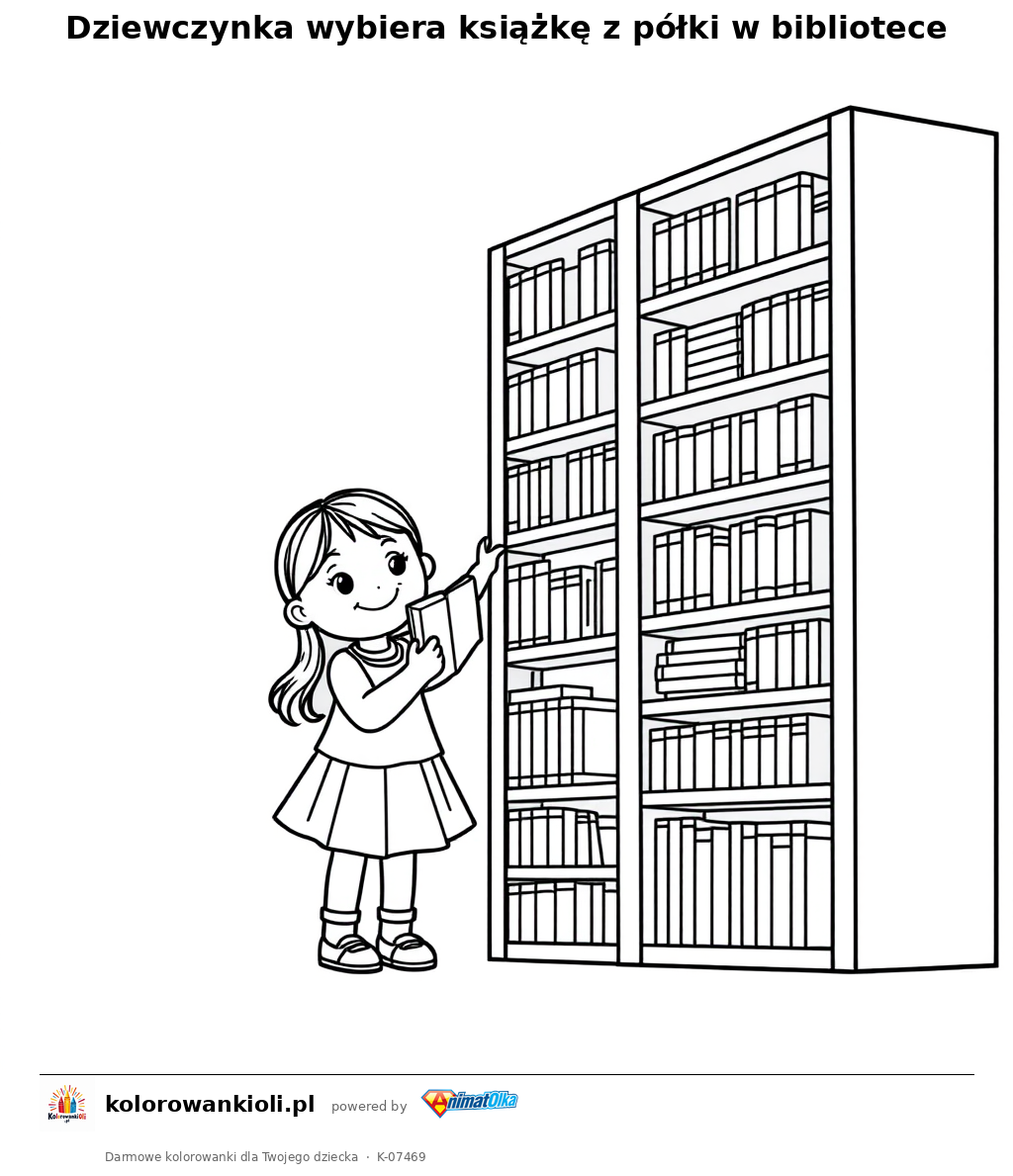 Dziewczynka wybiera książkę z półki w bibliotece — kolorowanka do wydruku dla dzieci