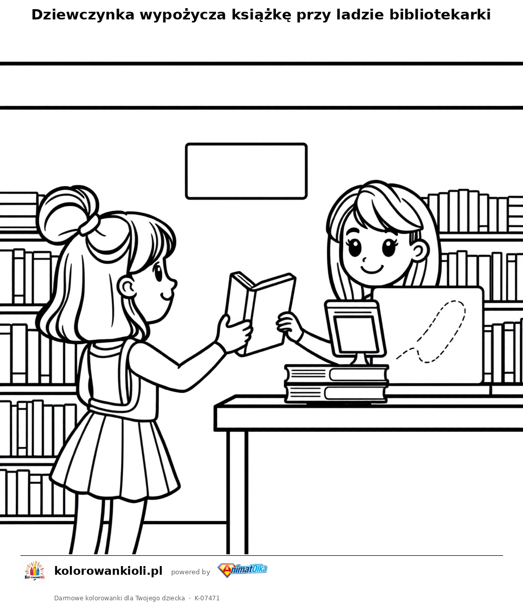 Dziewczynka wypożycza książkę przy ladzie bibliotekarki — kolorowanka do wydruku dla dzieci