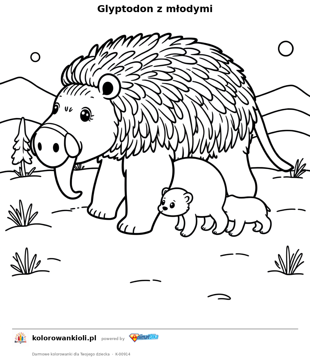 Glyptodon z młodymi — kolorowanka do wydruku dla dzieci