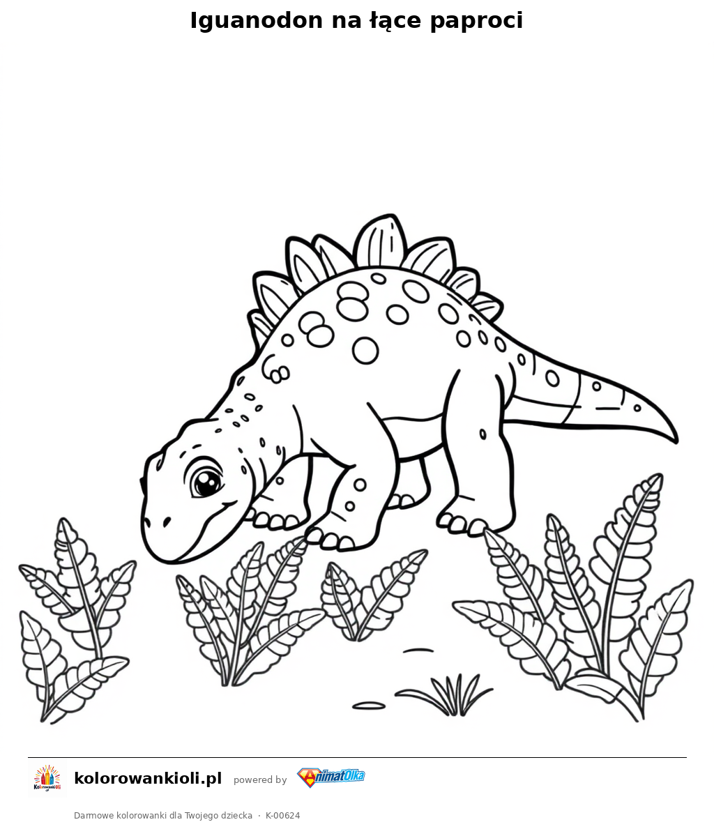 Iguanodon na łące paproci — kolorowanka do wydruku dla dzieci
