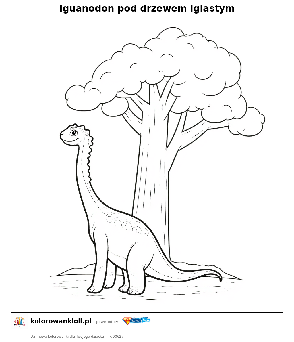 Iguanodon pod drzewem iglastym — kolorowanka do wydruku dla dzieci