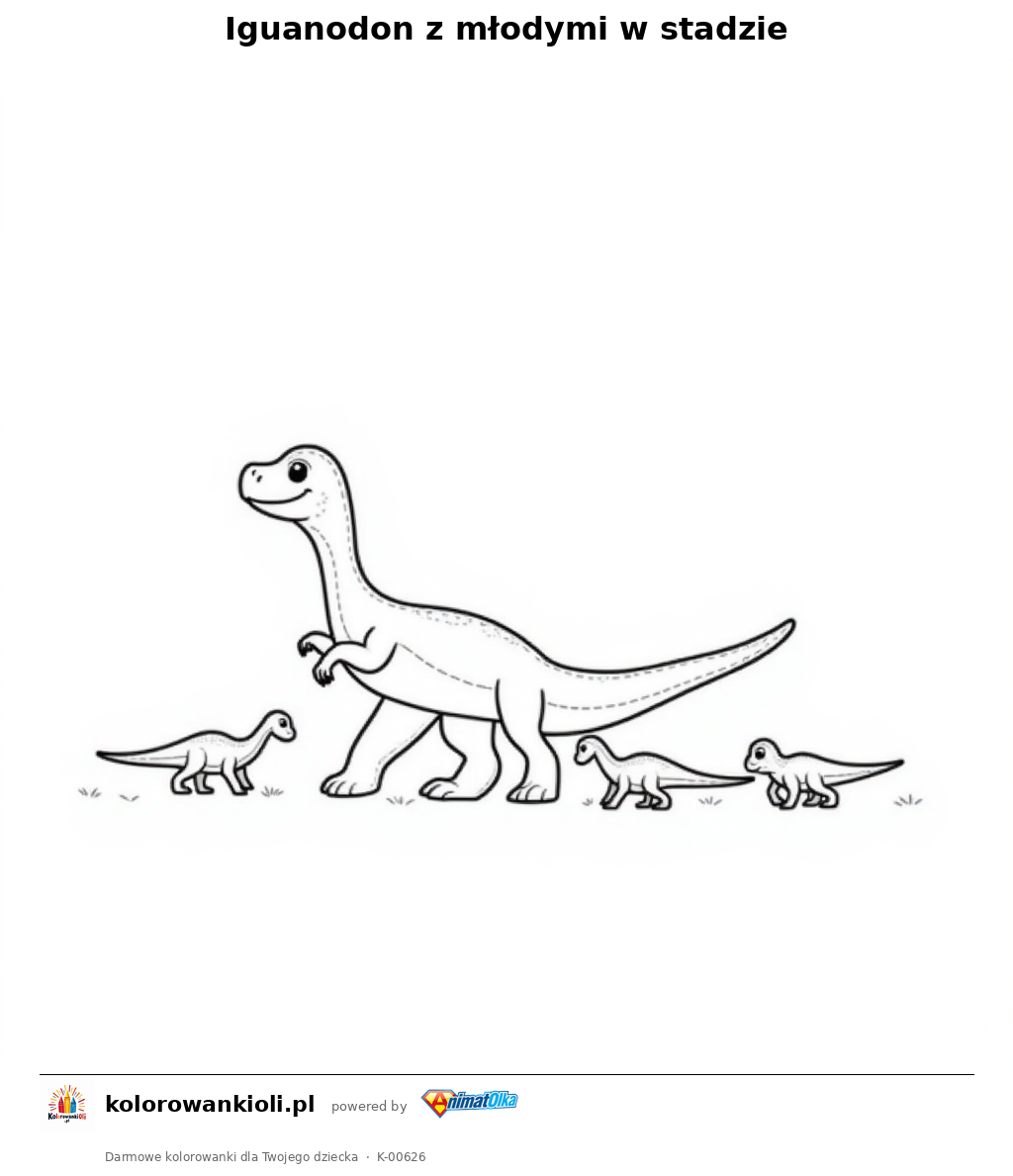 Iguanodon z młodymi w stadzie — kolorowanka do wydruku dla dzieci