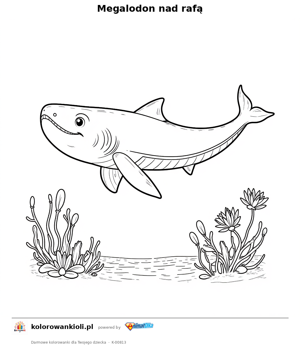 Megalodon nad rafą — kolorowanka do wydruku dla dzieci