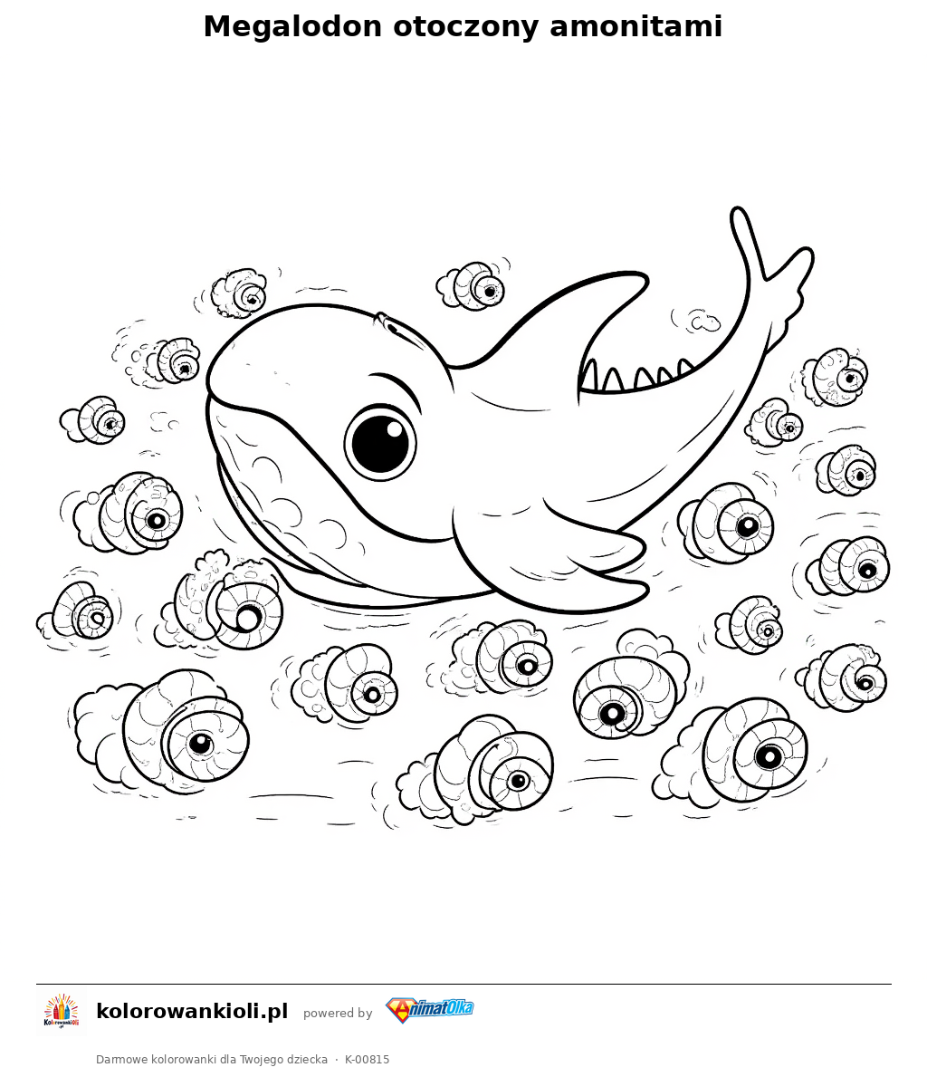 Megalodon otoczony amonitami — kolorowanka do wydruku dla dzieci