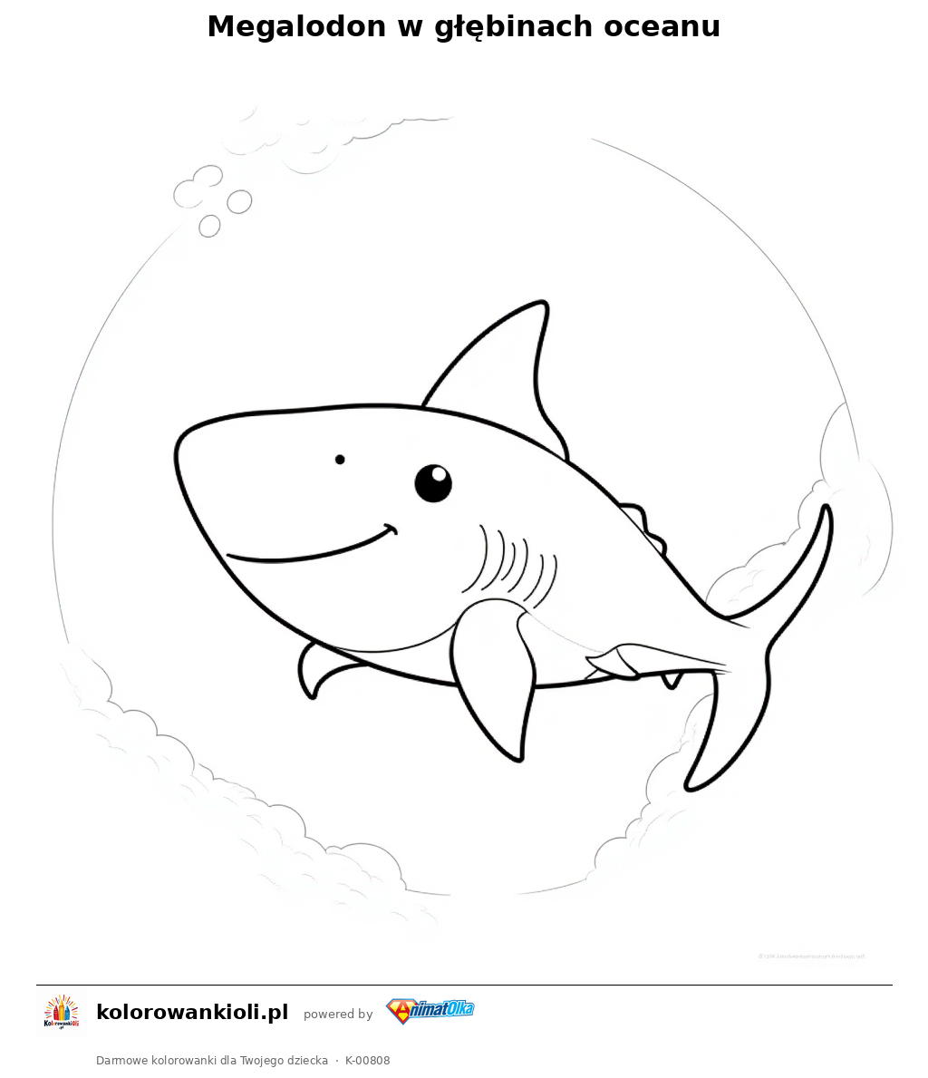 Megalodon w głębinach oceanu — kolorowanka do wydruku dla dzieci
